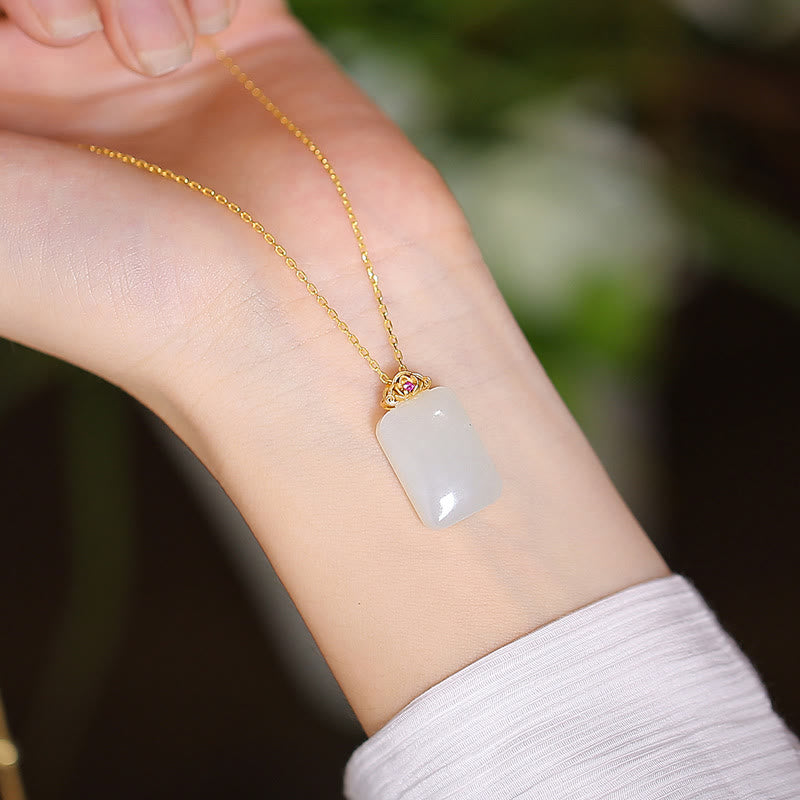 925 Sterling Silver Natural Hetian Jade Cyan Jade Luck Laughing Buddha Butterfly Necklace Pendant - Square White Jade - image 17