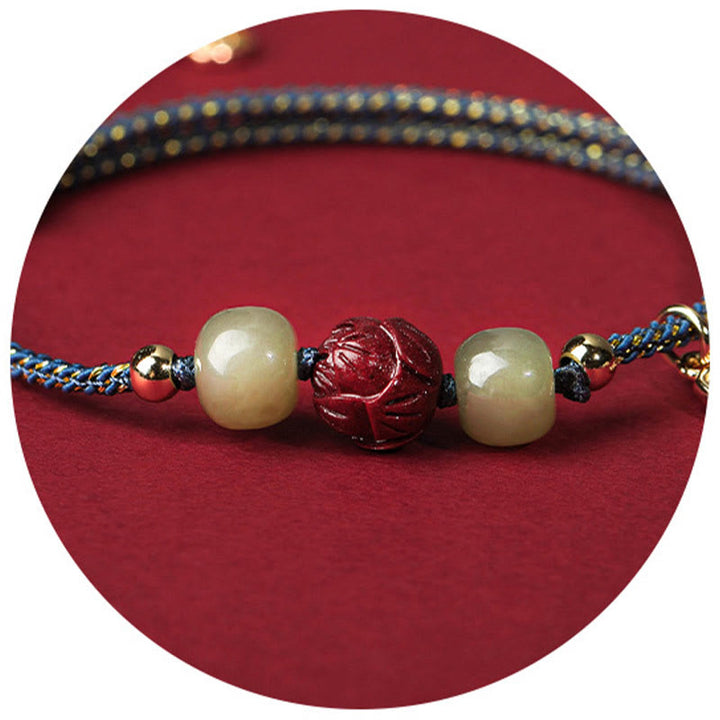 Buddha Stones 14K Gold Plated Hetian Jade Cinnabar Lotus Luck Handcrafted Rope Bracelet - image 9