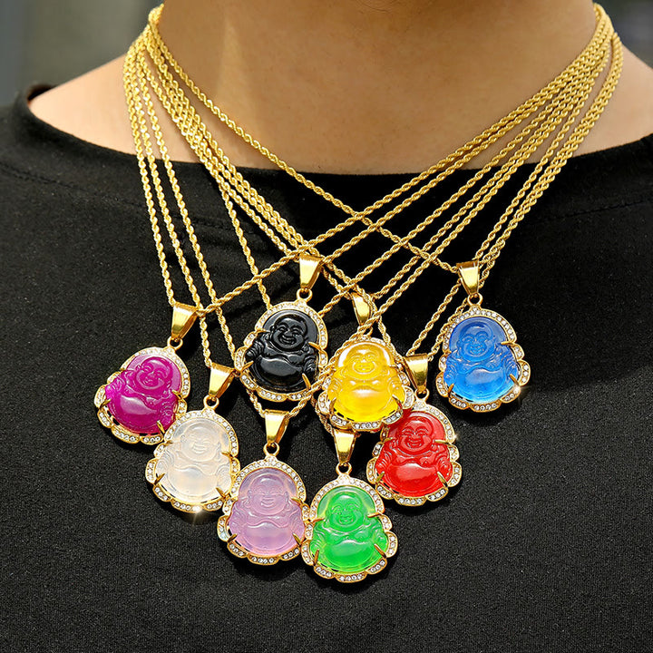 Buddha Stones 18K Gold Filled Laughing Buddha Jade Luck Necklace Chain Pendant - image 19