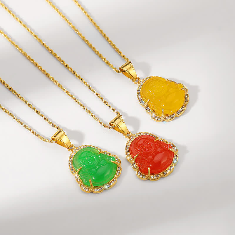 Buddha Stones 18K Gold Filled Laughing Buddha Jade Luck Necklace Chain Pendant - image 12