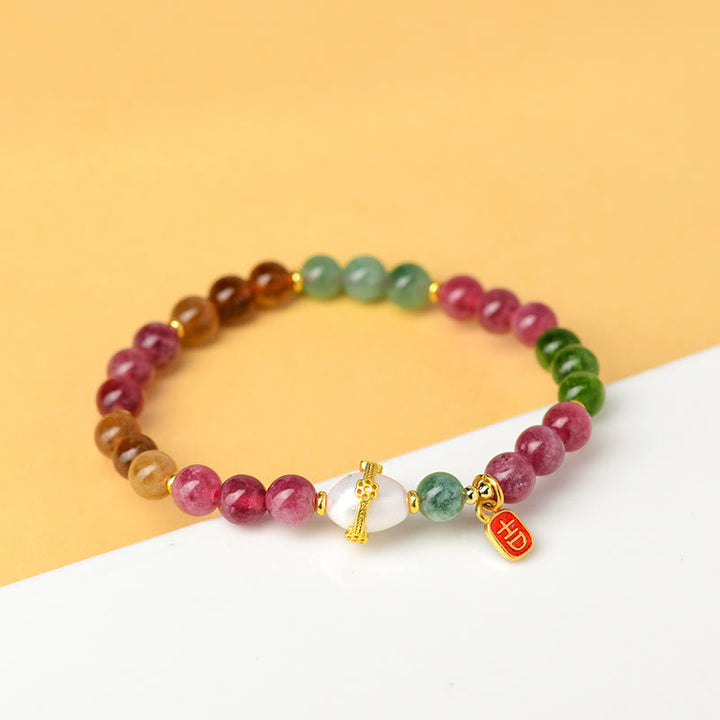 Buddha Stones Natural Multicolored Tourmaline Pearl Auspicious Character Charm Wisdom Bracelet