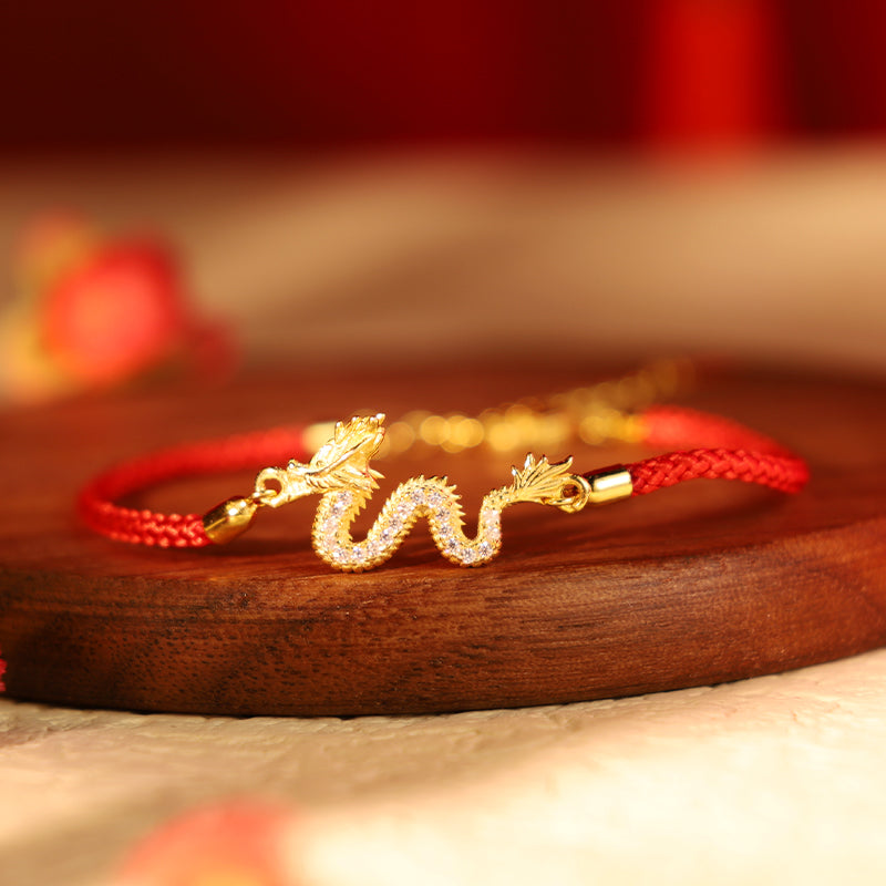 Buddha Stones 925 Sterling Silver Year Of The Dragon Auspicious Golden Dragon Luck Red Rope Chain Bracelet - Dragon Red Rope Bracelet(Wrist Circumference 14-18cm) - image 0