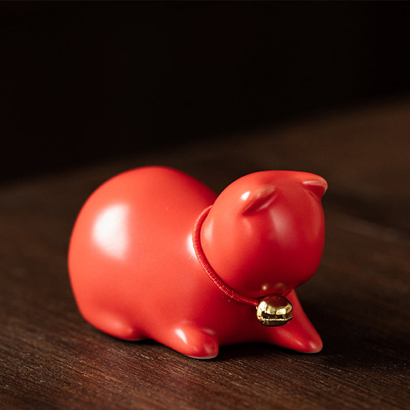 Buddha Stones Mini Small Cute Cat Tea Pet Ceramic Home Desk Figurine Decoration - Sitting Cat 5*3*3cm - Red - image 24