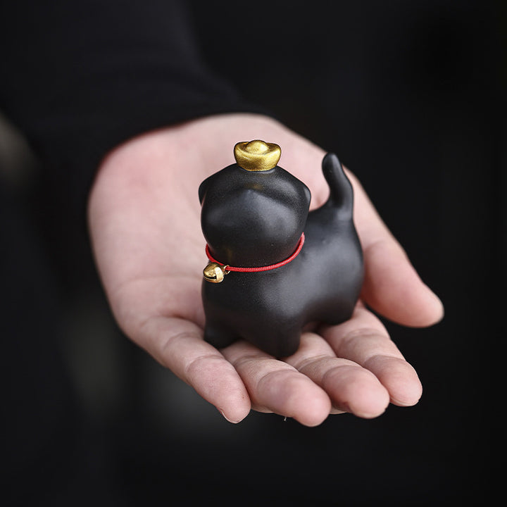 Buddha Stones Mini Lucky Cat Ingot Tea Pet Ceramic Home Desk Figurine Decoration - Lucky Cat Black 5.5*3.2*6cm - image 1