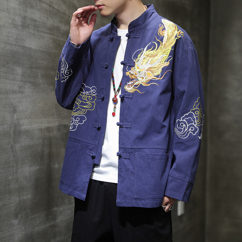 Buddha Stones Dragon Auspicious Cloud Embroidery Clothing Chinese Tang Suit Jacket Men Clothing - Navy Blue - US/UK/AU48,EU58(5XL) - image 21