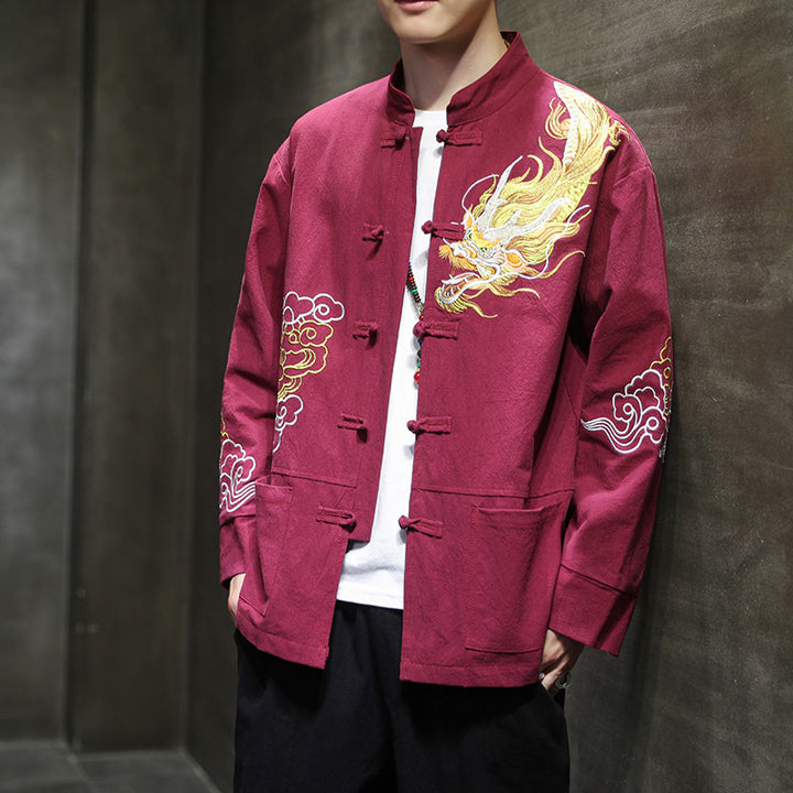 Buddha Stones Dragon Auspicious Cloud Embroidery Clothing Chinese Tang Suit Jacket Men Clothing - Red - US/UK/AU48,EU58(5XL) - image 13