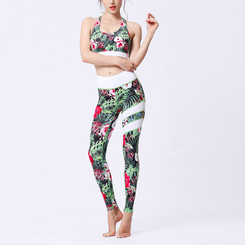 Buddha Stones 2Pcs Sunflower Flowers Leaves Top Pants Sports Fitness Yoga Women's Yoga Sets - Green Red Flowers - US8-10,UK/AU12-14,EU40-42 (XL)  - image 4