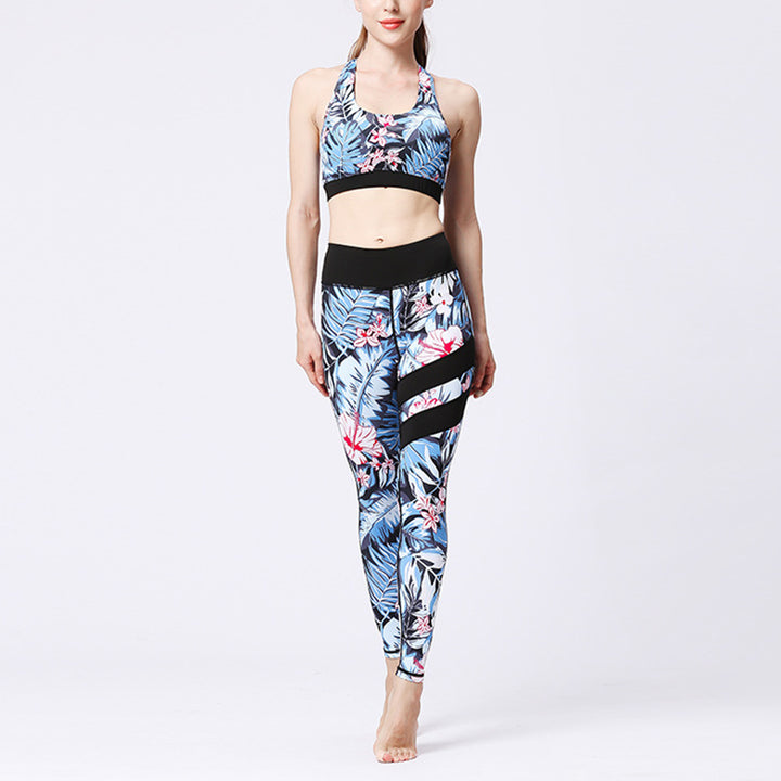 Buddha Stones 2Pcs Sunflower Flowers Leaves Top Pants Sports Fitness Yoga Women's Yoga Sets - Blue Leaves Pink Flowers - US8-10,UK/AU12-14,EU40-42 (XL)  - image 21