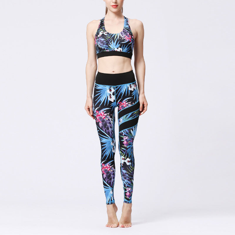 Buddha Stones 2Pcs Sunflower Flowers Leaves Top Pants Sports Fitness Yoga Women's Yoga Sets - Black Blue Leaves - US8-10,UK/AU12-14,EU40-42 (XL)  - image 32