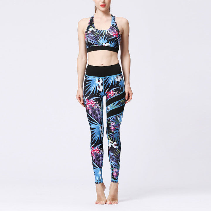 Buddha Stones 2Pcs Sunflower Flowers Leaves Top Pants Sports Fitness Yoga Women's Yoga Sets - Black Blue Leaves - US8-10,UK/AU12-14,EU40-42 (XL)  - image 32