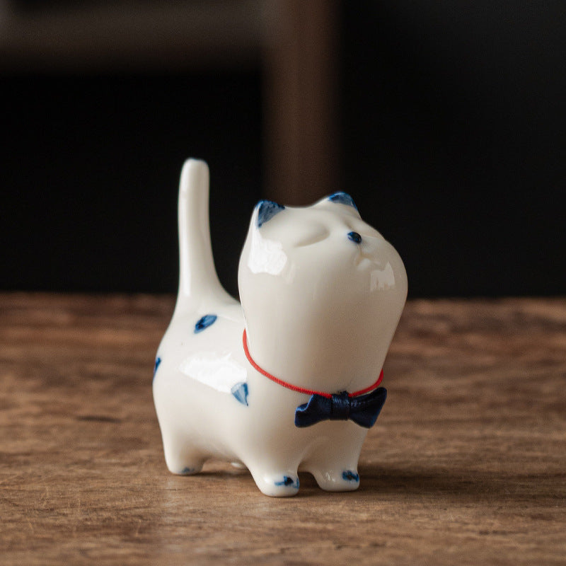 Buddha Stones Mini Lucky White Cat Kitten Tea Pet Ceramic Home Desk Figurine Decoration - White Kitten(Blue Bow Style) 8.9cm*3.7cm*7.6cm - image 16