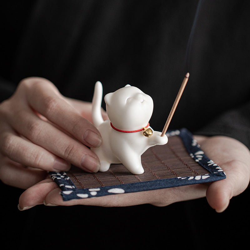 Buddha Stones Mini Lucky Cat Kitten Tea Pet Ceramic Home Desk Figurine Decoration With Bamboo Mat - image 4