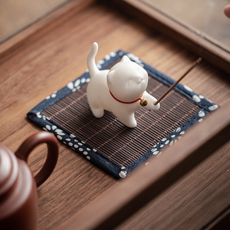 Buddha Stones Mini Lucky Cat Kitten Tea Pet Ceramic Home Desk Figurine Decoration With Bamboo Mat - image 5
