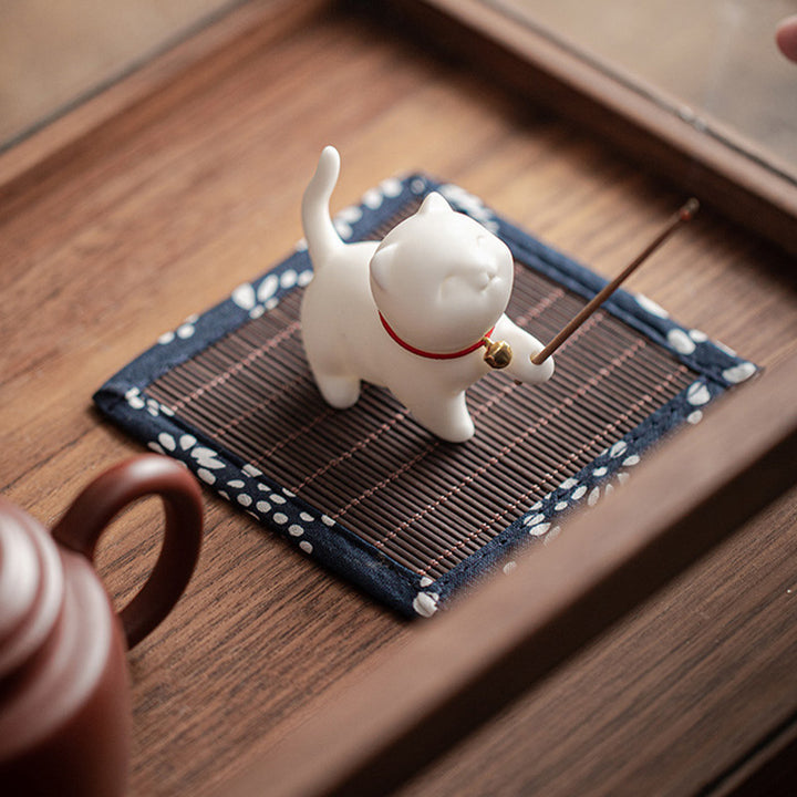 Buddha Stones Mini Lucky Cat Kitten Tea Pet Ceramic Home Desk Figurine Decoration With Bamboo Mat - image 5