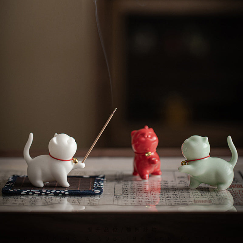 Buddha Stones Mini Lucky Cat Kitten Tea Pet Ceramic Home Desk Figurine Decoration With Bamboo Mat - image 2