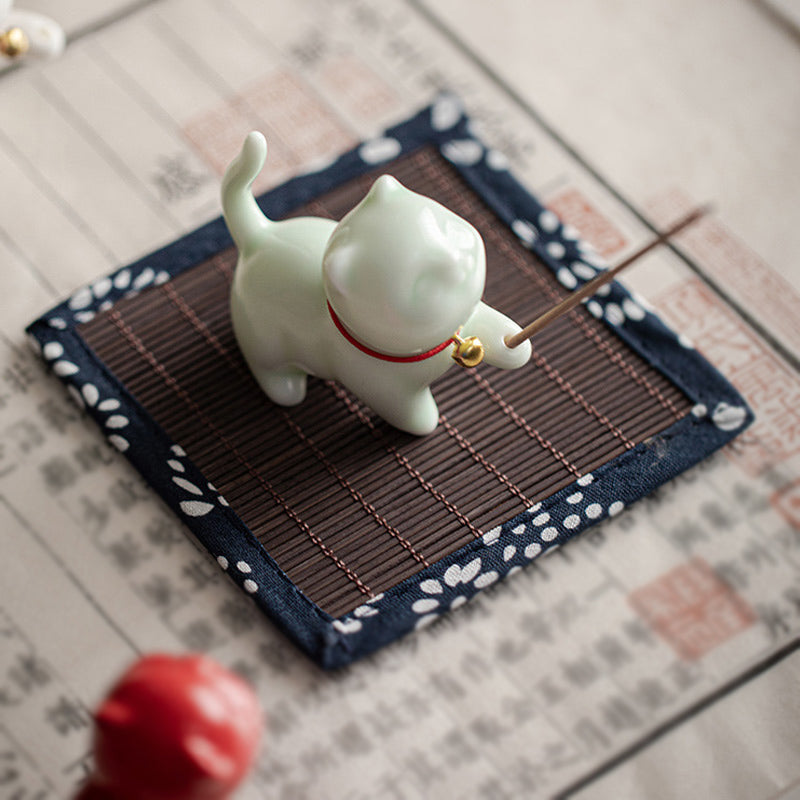 Buddha Stones Mini Lucky Cat Kitten Tea Pet Ceramic Home Desk Figurine Decoration With Bamboo Mat - image 15