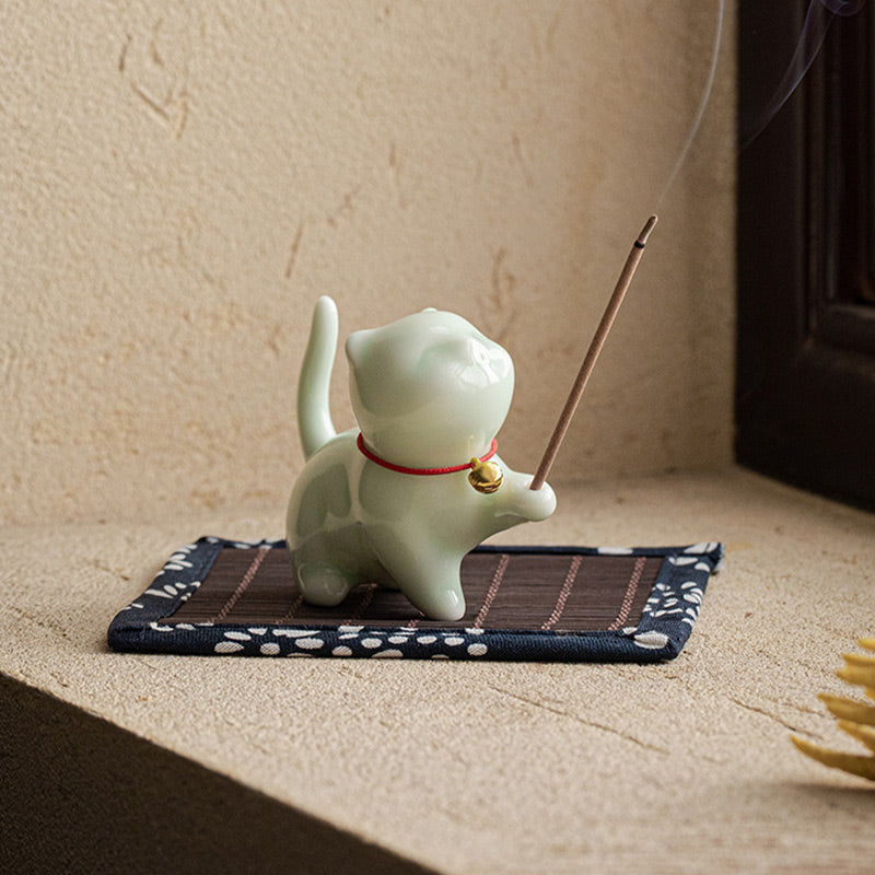 Buddha Stones Mini Lucky Cat Kitten Tea Pet Ceramic Home Desk Figurine Decoration With Bamboo Mat - image 13