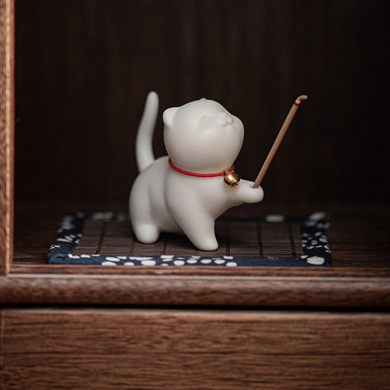 Buddha Stones Mini Lucky Cat Kitten Tea Pet Ceramic Home Desk Figurine Decoration With Bamboo Mat - image 6