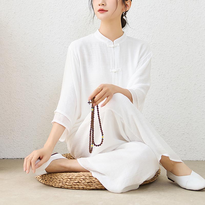 Buddha Stones 2Pcs Simple Chinese Frog Button Design Top Pants Meditation Yoga Zen Tai Chi Cotton Clothing Women's Set - White(Top&Pants) - US12,UK/AU16,EU44 (2XL) - image 8