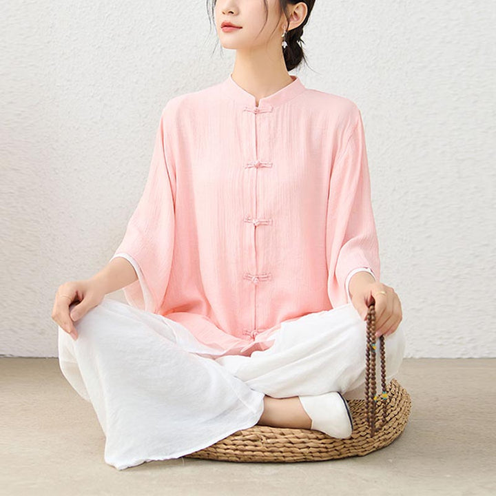 Buddha Stones 2Pcs Simple Chinese Frog Button Design Top Pants Meditation Yoga Zen Tai Chi Cotton Clothing Women's Set - Pink Top&White Pants - US12,UK/AU16,EU44 (2XL) - image 0