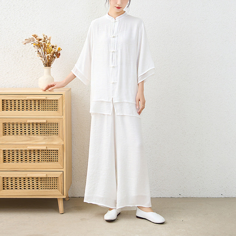 Buddha Stones 2Pcs Simple Chinese Frog Button Design Top Pants Meditation Yoga Zen Tai Chi Cotton Clothing Women's Set - image 18