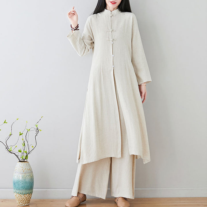 Buddha Stones 2Pcs Chinese Frog Button Design Zen Tai Chi Meditation Clothing Cotton Linen Top Pants Women's Set - Beige(Top&Pants)-US8-10,UK/AU12-14,EU40-42 (2XL) - image 0