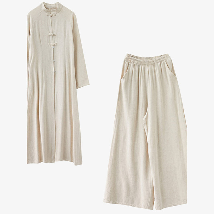 Buddha Stones 2Pcs Chinese Frog Button Design Zen Tai Chi Meditation Clothing Cotton Linen Top Pants Women's Set - image 4