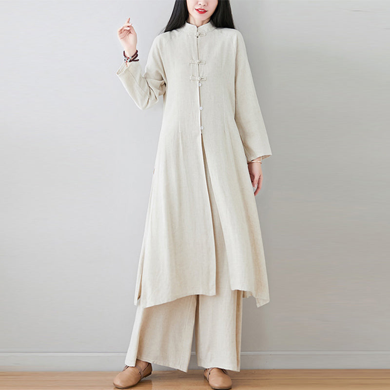 Buddha Stones 2Pcs Chinese Frog Button Design Zen Tai Chi Meditation Clothing Cotton Linen Top Pants Women's Set - image 18