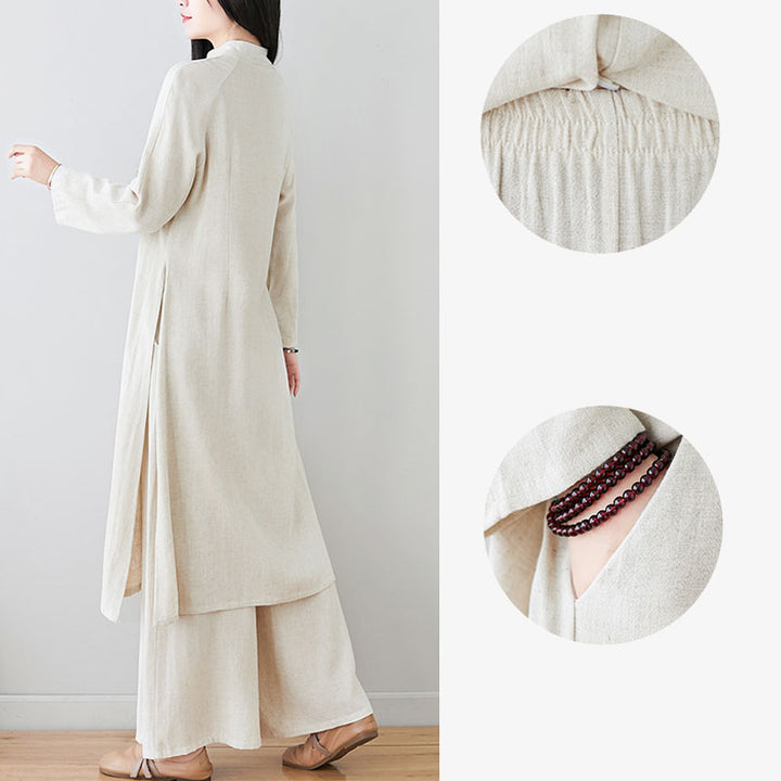 Buddha Stones 2Pcs Chinese Frog Button Design Zen Tai Chi Meditation Clothing Cotton Linen Top Pants Women's Set - image 17