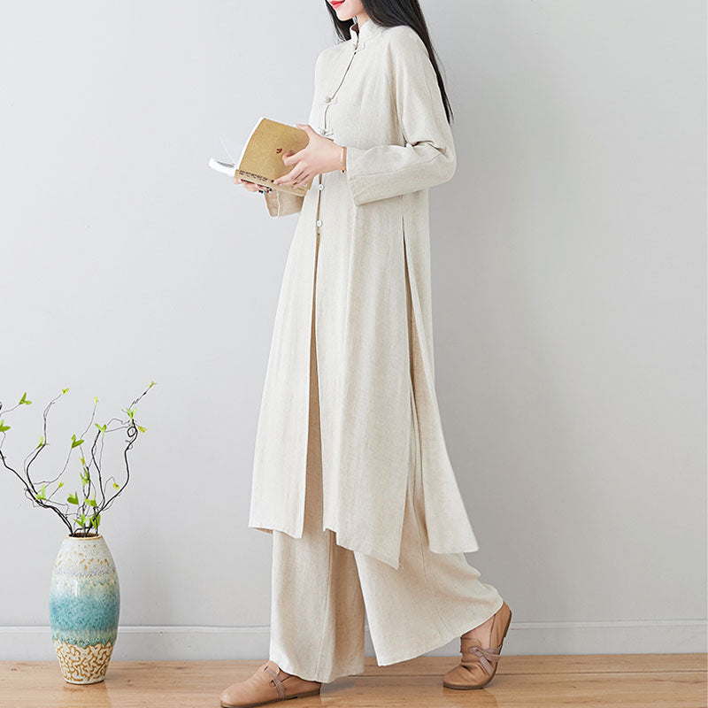 Buddha Stones 2Pcs Chinese Frog Button Design Zen Tai Chi Meditation Clothing Cotton Linen Top Pants Women's Set - image 19