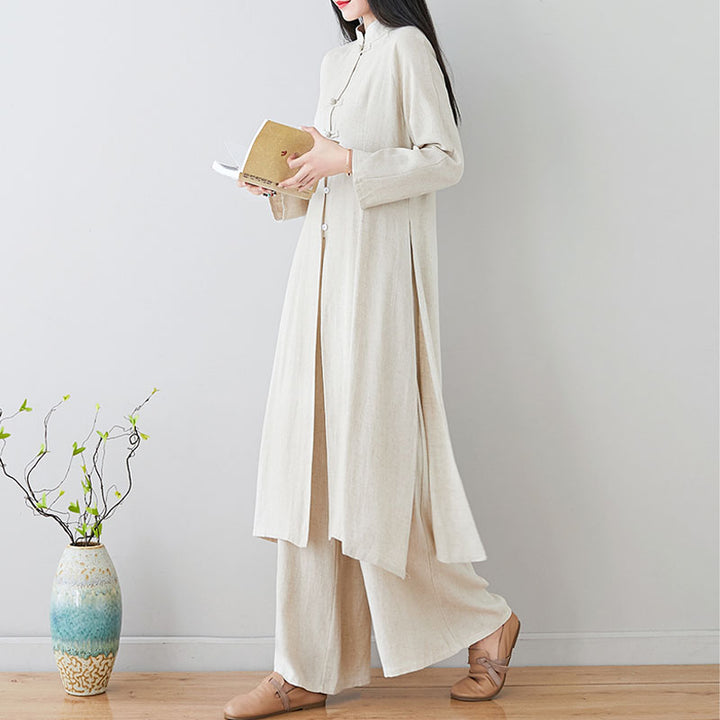 Buddha Stones 2Pcs Chinese Frog Button Design Zen Tai Chi Meditation Clothing Cotton Linen Top Pants Women's Set - image 19