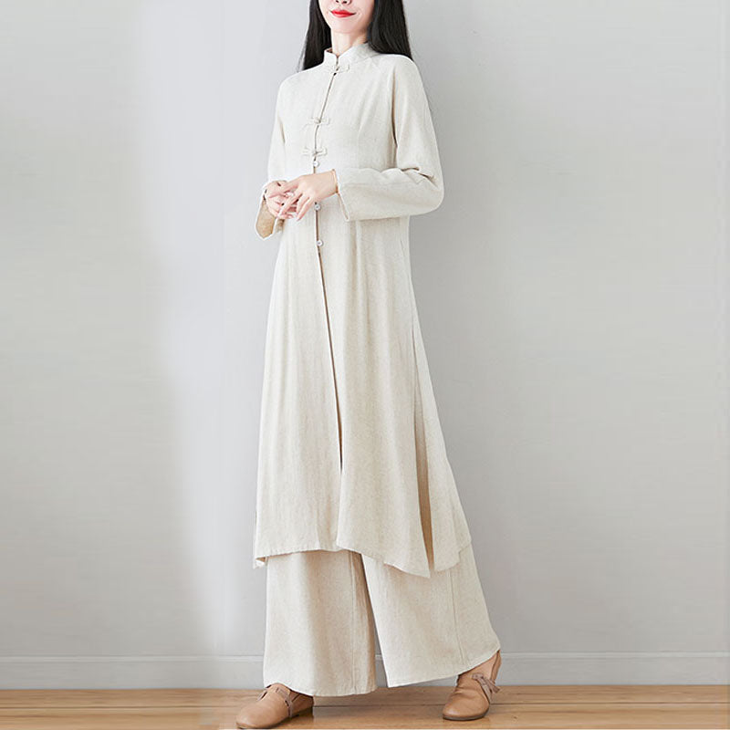 Buddha Stones 2Pcs Chinese Frog Button Design Zen Tai Chi Meditation Clothing Cotton Linen Top Pants Women's Set - image 21