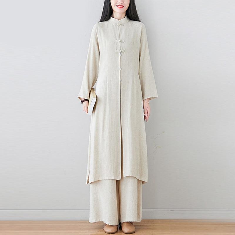 Buddha Stones 2Pcs Chinese Frog Button Design Zen Tai Chi Meditation Clothing Cotton Linen Top Pants Women's Set - image 2