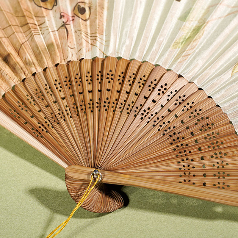 Buddha Stones Cute Cat Butterfly Flowers Pattern Handheld Silk Bamboo Folding Fan 21cm