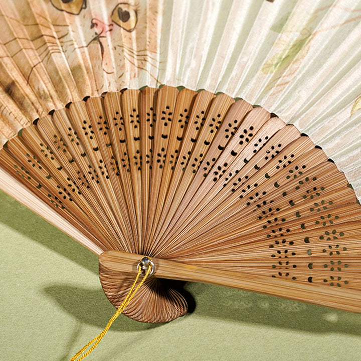 Buddha Stones Cute Cat Butterfly Flowers Pattern Handheld Silk Bamboo Folding Fan 21cm