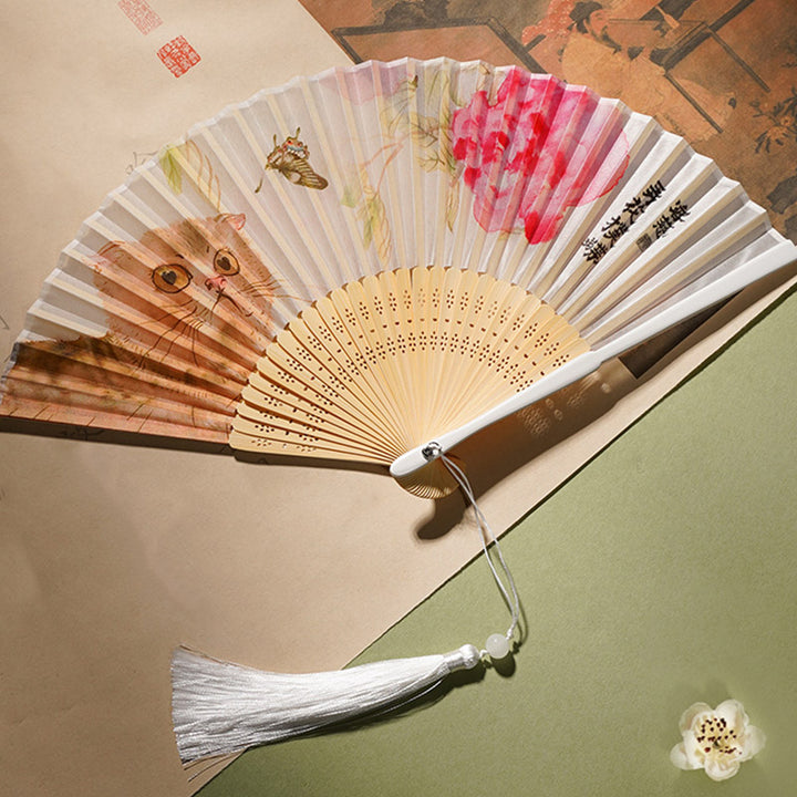 Buddha Stones Cute Cat Butterfly Flowers Pattern Handheld Silk Bamboo Folding Fan 21cm