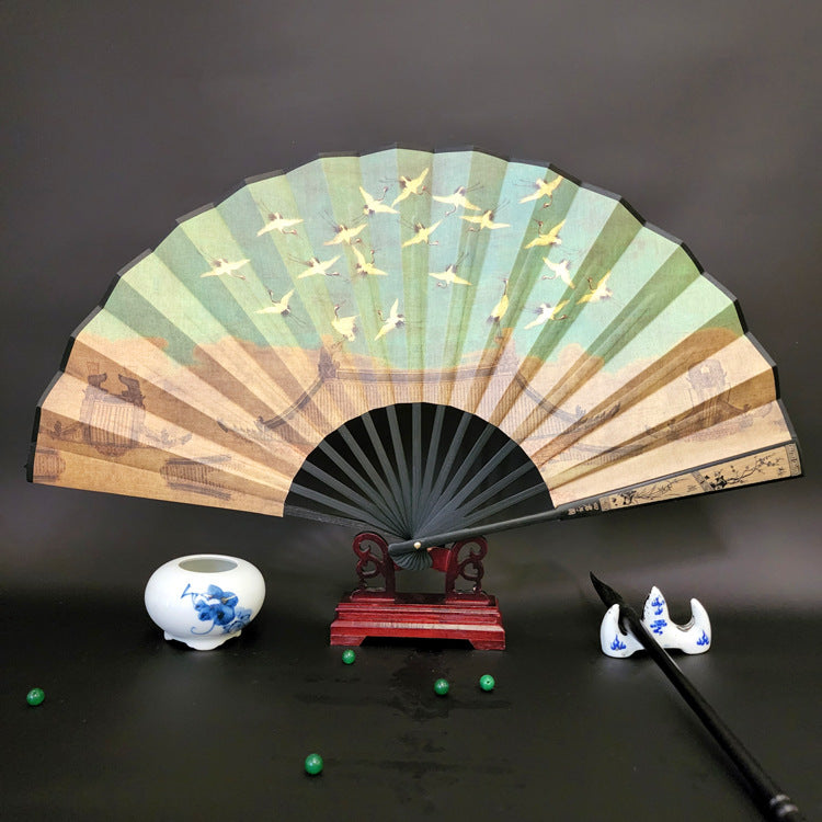 Buddha Stones Great Wall Mountains Trees Crane Bamboo Handheld Bamboo Folding Fan 33.5cm