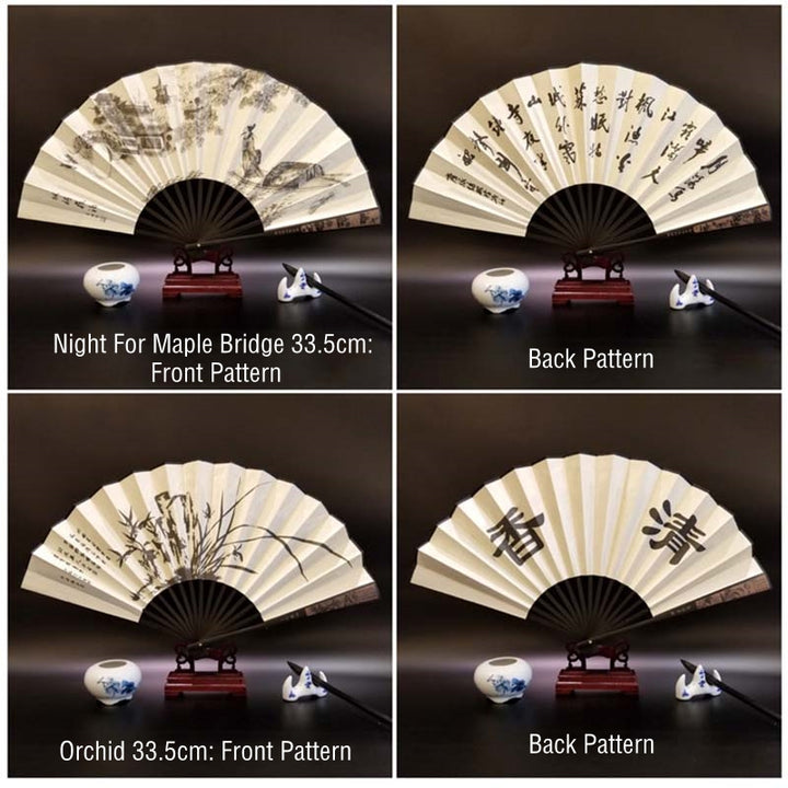 Buddha Stones Great Wall Mountains Trees Crane Bamboo Handheld Bamboo Folding Fan 33.5cm