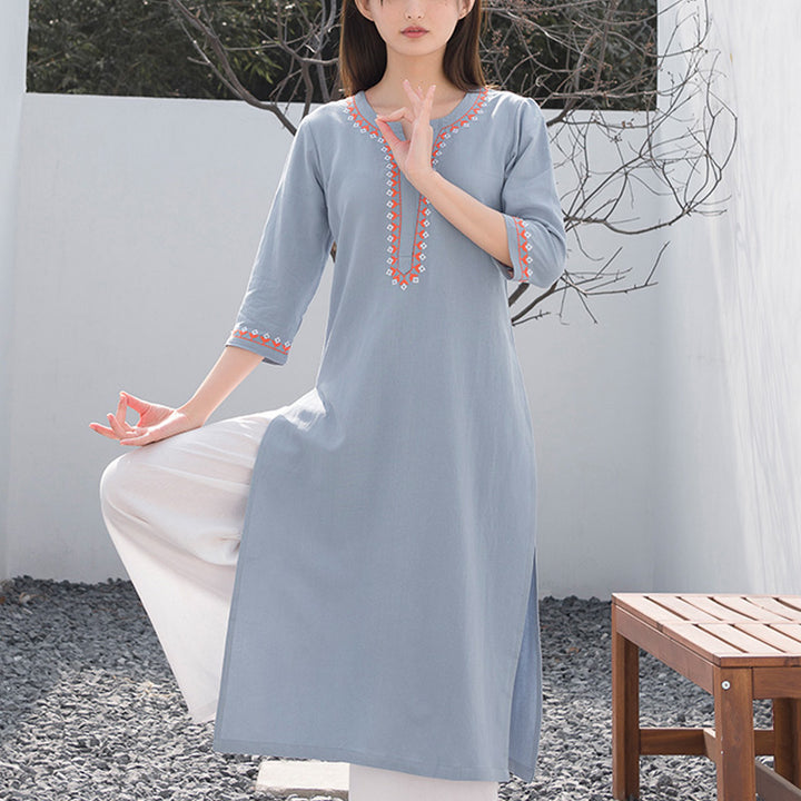 Buddha Stones 2Pcs V-neck Embroidery Yoga Clothing Zen Meditation Cotton Linen Top Pants Women's Set - Blue Top&White Pants - US12,UK/AU16,EU44 (2XL)  - image 5