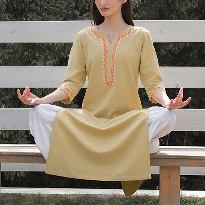 Buddha Stones 2Pcs V-neck Embroidery Yoga Clothing Zen Meditation Cotton Linen Top Pants Women's Set - Yellow Top&White Pants - US12,UK/AU16,EU44 (2XL)  - image 13