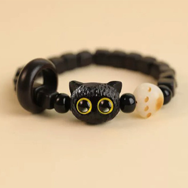 Buddha Stones Cute Ebony Wood Cat Head Pattern Peace Bracelet - Ebony Cat Bodhi Seed(Wrist Circumference 14-16cm) - image 9