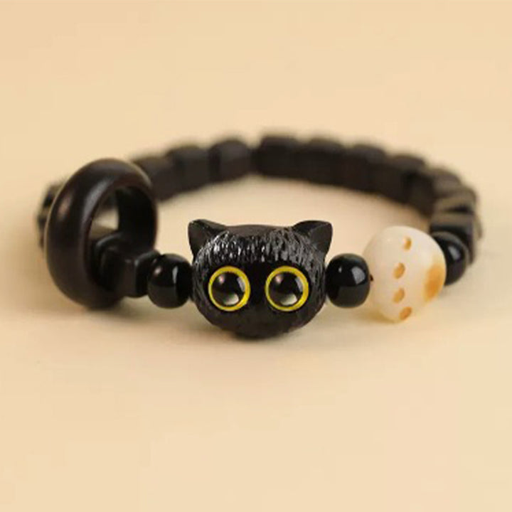 Buddha Stones Cute Ebony Wood Cat Head Pattern Peace Bracelet - Ebony Cat Bodhi Seed(Wrist Circumference 14-16cm) - image 9
