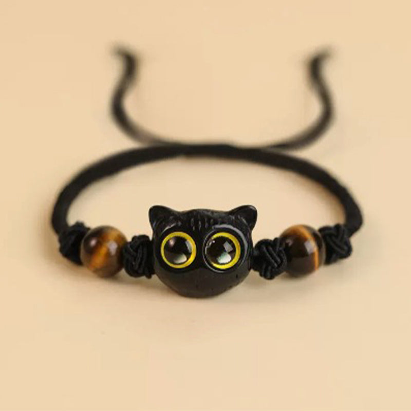 Buddha Stones Cute Ebony Wood Cat Head Pattern Peace Bracelet - Ebony Cat Tiger Eye Rope Bracelet(Wrist Circumference 14-18cm) - image 11