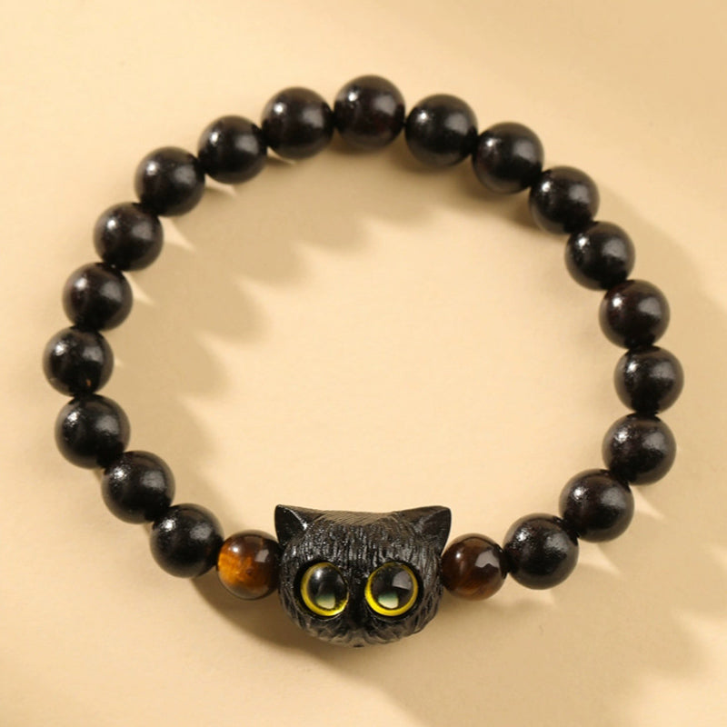 Buddha Stones Cute Ebony Wood Cat Head Pattern Peace Bracelet - Ebony Cat Tiger Eye(Wrist Circumference 14-16cm) - image 1