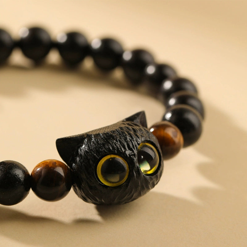 Buddha Stones Cute Ebony Wood Cat Head Pattern Peace Bracelet - image 3