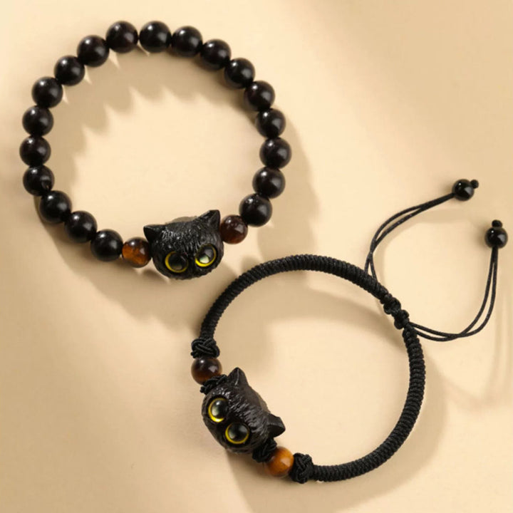 Buddha Stones Cute Ebony Wood Cat Head Pattern Peace Bracelet - image 12