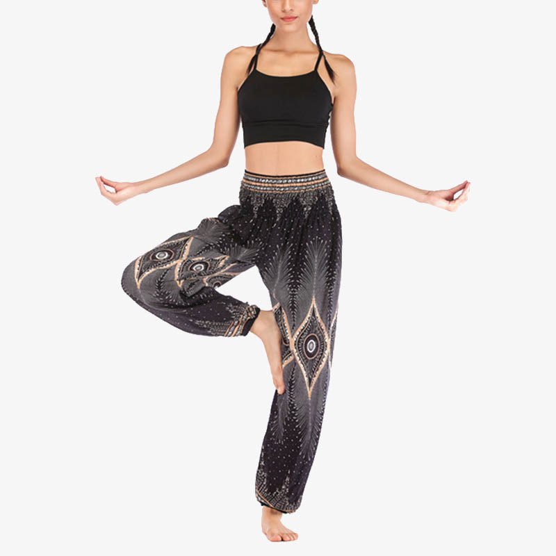 Buddha Stones Small Eye Peacock Feathers Pattern Loose Smocked Harem Trousers High Waist Women's Yoga Pants - image 18