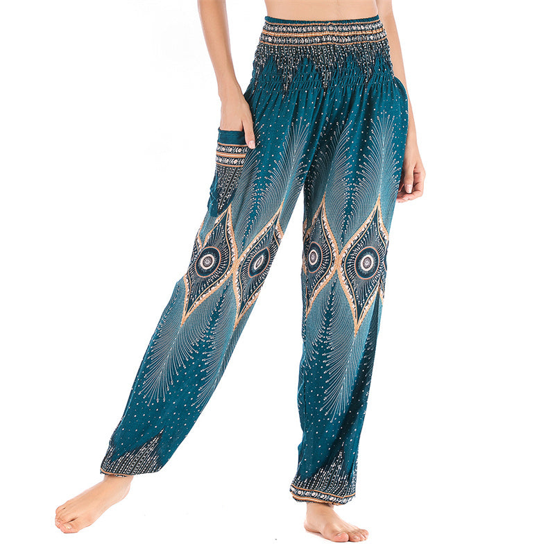 Buddha Stones Small Eye Peacock Feathers Pattern Loose Smocked Harem Trousers High Waist Women's Yoga Pants - Cyan-US2-8/10,UK/AU6-12/14,EU34-40/42 (F) - image 22