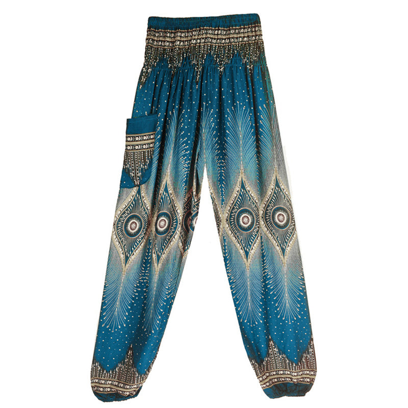 Buddha Stones Small Eye Peacock Feathers Pattern Loose Smocked Harem Trousers High Waist Women's Yoga Pants - image 26