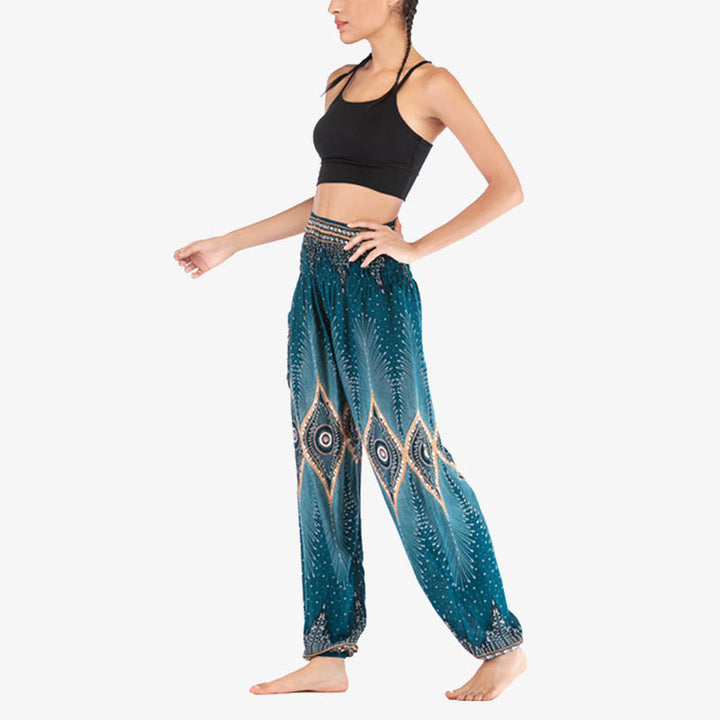 Buddha Stones Small Eye Peacock Feathers Pattern Loose Smocked Harem Trousers High Waist Women's Yoga Pants - image 28